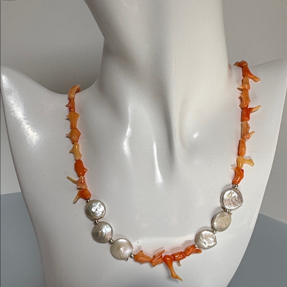 Vintage Coral  freshwater Pearls 925 sterling Silver Necklace​ - Picture 7 of 10